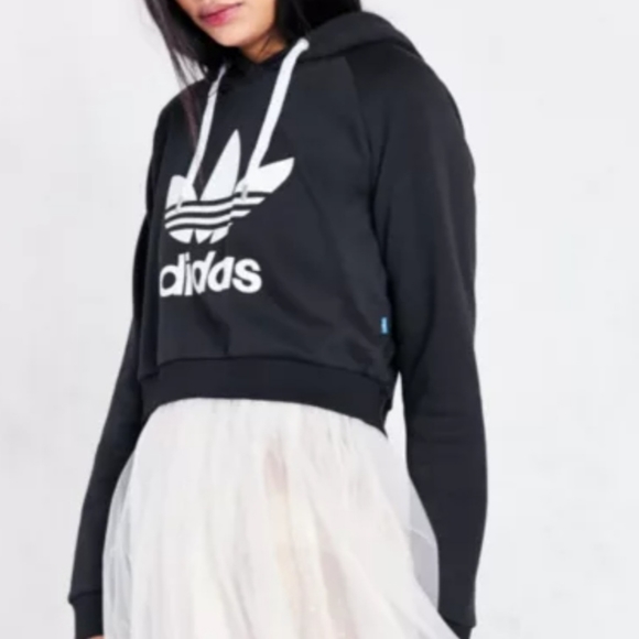 Adidas Trefoil Black Cropped Hoodie Sweatshirt Size Small - Picture 9 of 15